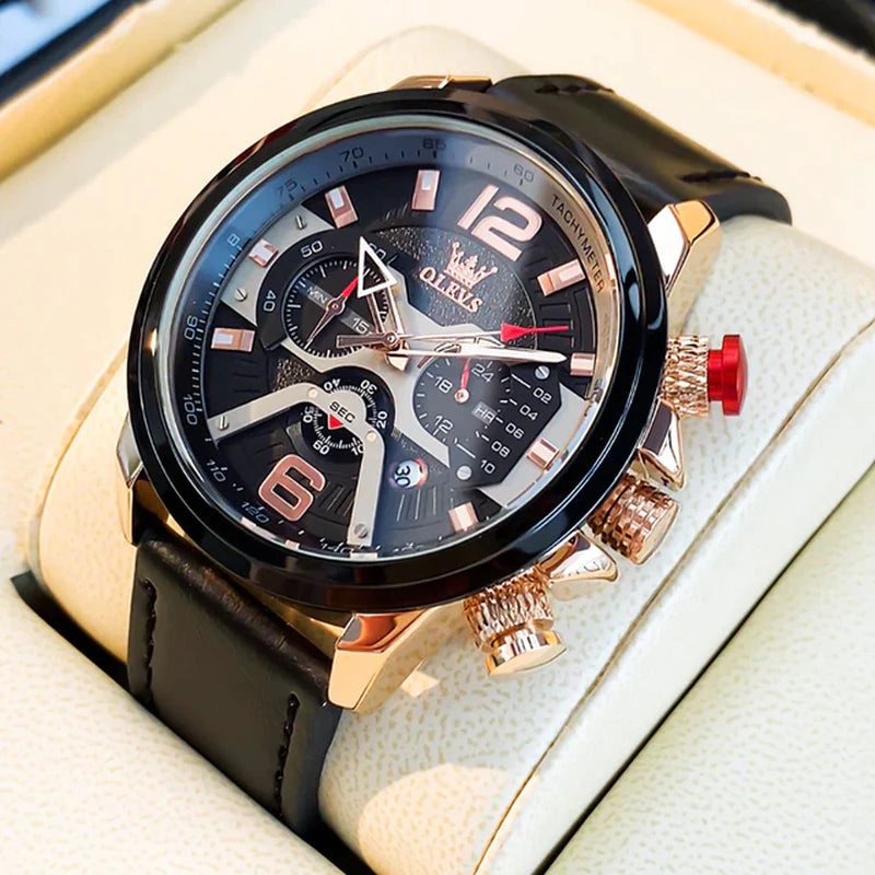 OLEVS Watch for Men Waterproof Luminous Original Leather Strap Fashion Trend Sport Skeleton Men'S Quartz Watch Relogio Masculino