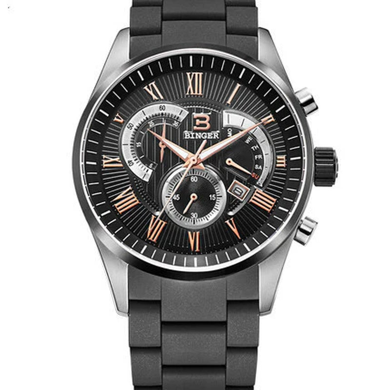 Binger Chrono Sport Quartz Timepiece with Rubber Band Stainless Steel Case Tri-Eye Stopwatch Function Men'S Racing Watch Model 1123