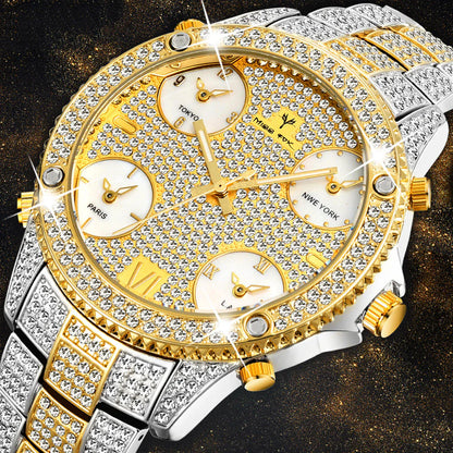 Shimmering Water-Resistant Timepiece Metal Strap Men'S Chrono Luxe Gold Gem Watch