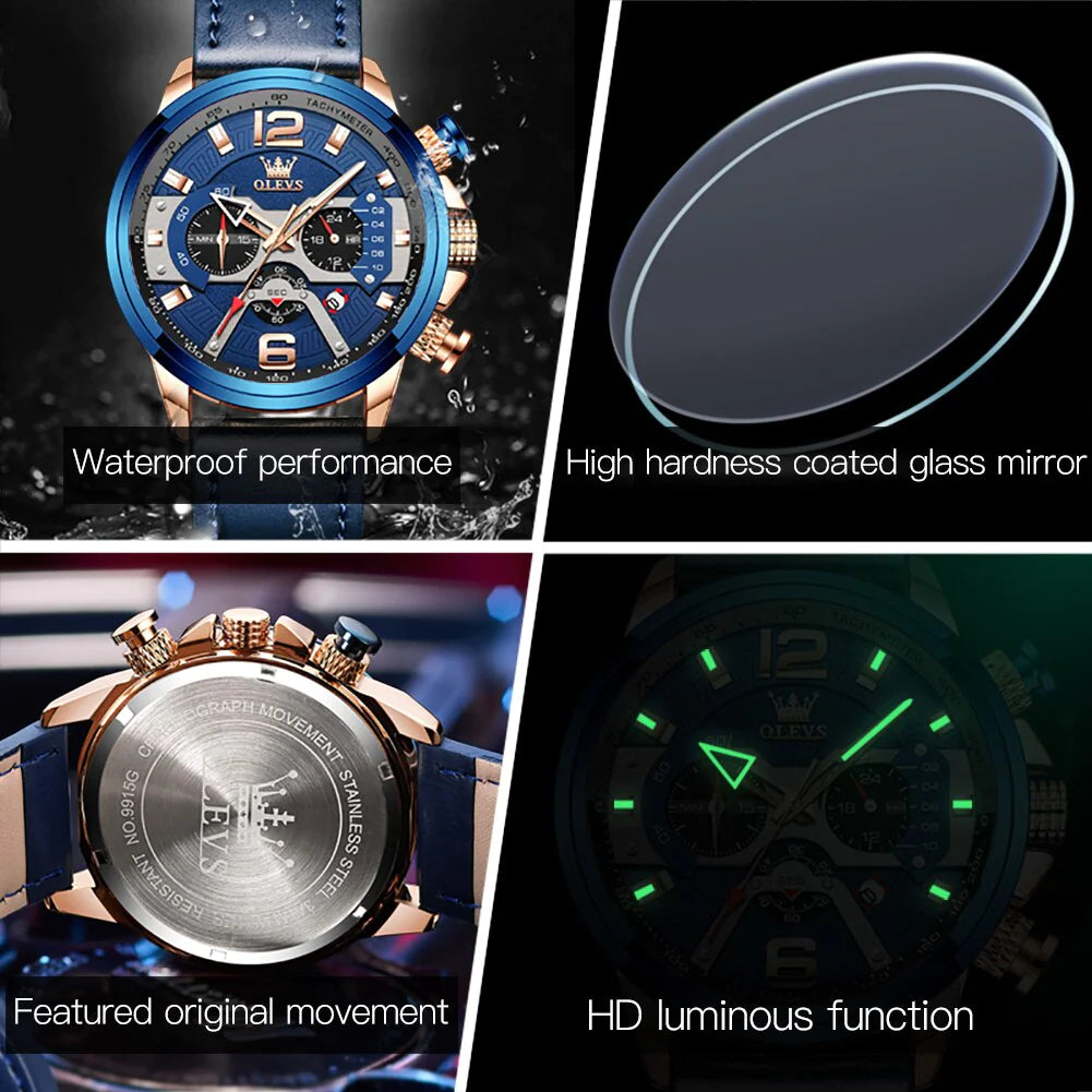 OLEVS Watch for Men Waterproof Luminous Original Leather Strap Fashion Trend Sport Skeleton Men'S Quartz Watch Relogio Masculino