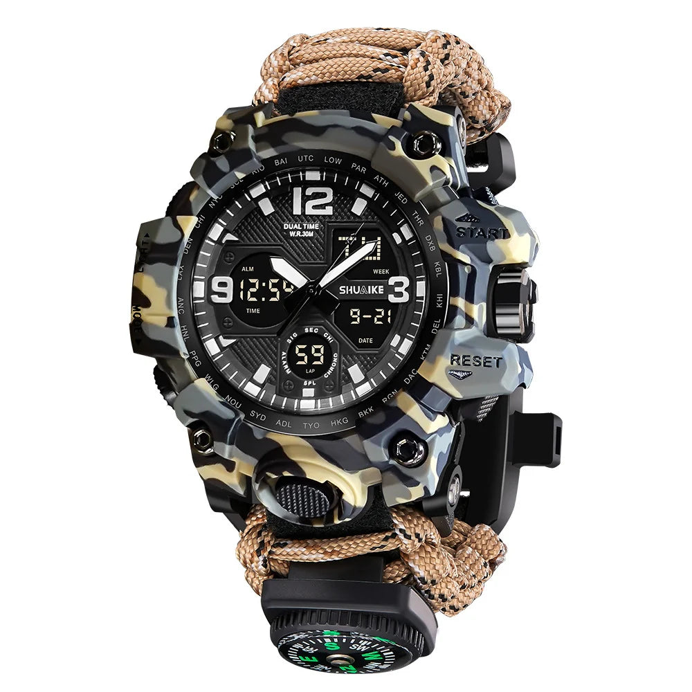 Dual Screen Digital Alarm Compass Thermometer Watch for Men