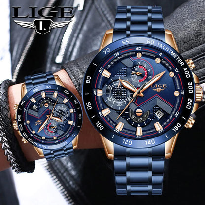 2022 New LIGE Fashion Mens Watches Stainless Steel Top Brand Luxury Sport Chronograph Quartz Withwatch for Men Relogio Masculino