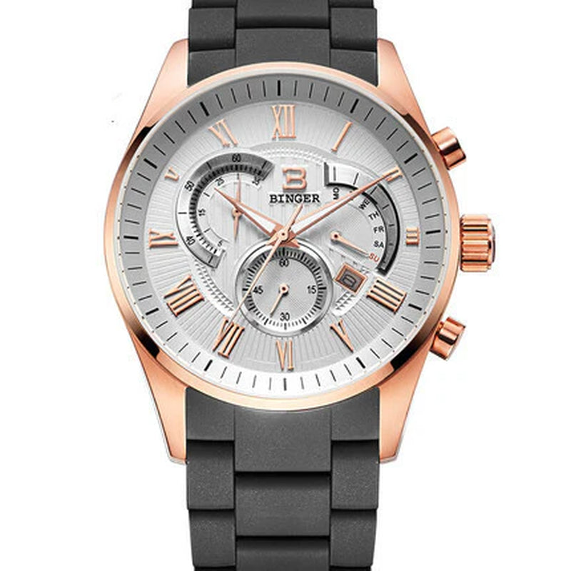 Binger Chrono Sport Quartz Timepiece with Rubber Band Stainless Steel Case Tri-Eye Stopwatch Function Men'S Racing Watch Model 1123
