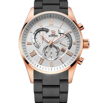 Binger Chrono Sport Quartz Timepiece with Rubber Band Stainless Steel Case Tri-Eye Stopwatch Function Men'S Racing Watch Model 1123