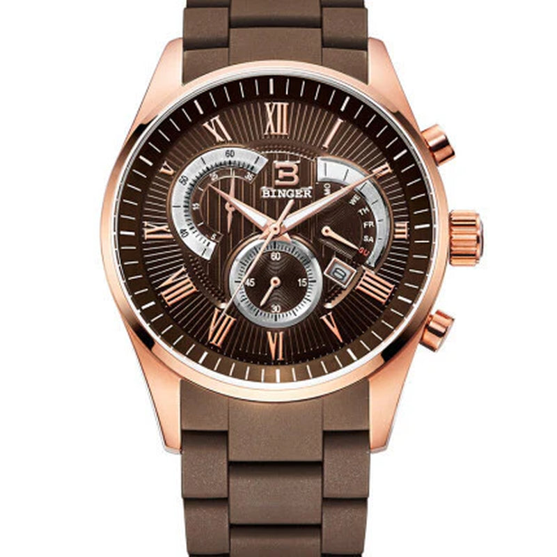 Binger Chrono Sport Quartz Timepiece with Rubber Band Stainless Steel Case Tri-Eye Stopwatch Function Men'S Racing Watch Model 1123