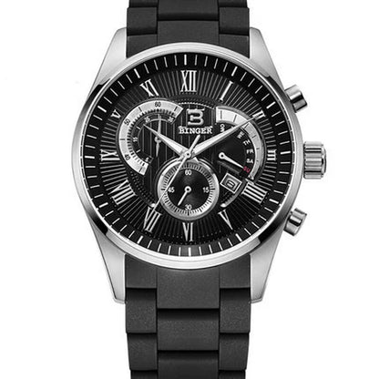 Binger Chrono Sport Quartz Timepiece with Rubber Band Stainless Steel Case Tri-Eye Stopwatch Function Men'S Racing Watch Model 1123
