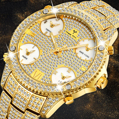 Shimmering Water-Resistant Timepiece Metal Strap Men'S Chrono Luxe Gold Gem Watch
