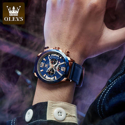 OLEVS Watch for Men Waterproof Luminous Original Leather Strap Fashion Trend Sport Skeleton Men'S Quartz Watch Relogio Masculino