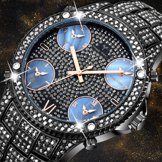 Shimmering Water-Resistant Timepiece Metal Strap Men'S Chrono Luxe Gold Gem Watch