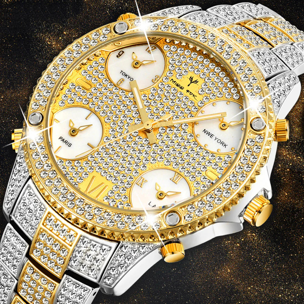 Shimmering Water-Resistant Timepiece Metal Strap Men'S Chrono Luxe Gold Gem Watch
