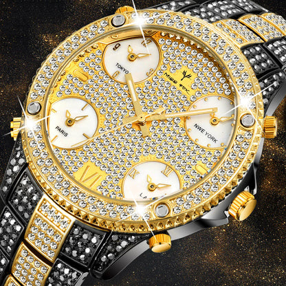 Shimmering Water-Resistant Timepiece Metal Strap Men'S Chrono Luxe Gold Gem Watch