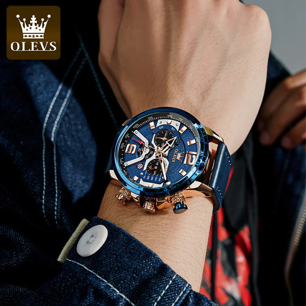 OLEVS Watch for Men Waterproof Luminous Original Leather Strap Fashion Trend Sport Skeleton Men'S Quartz Watch Relogio Masculino
