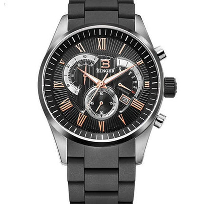 Binger Chrono Sport Quartz Timepiece with Rubber Band Stainless Steel Case Tri-Eye Stopwatch Function Men'S Racing Watch Model 1123