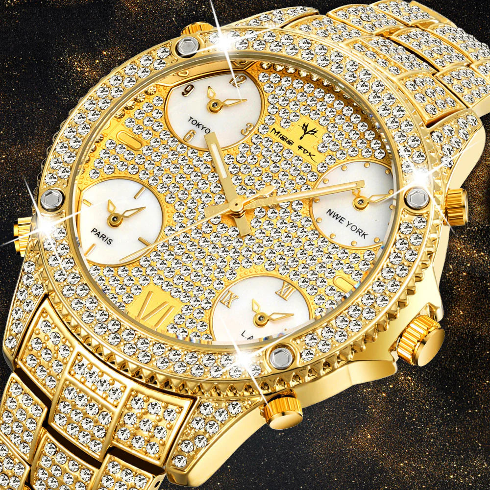 Shimmering Water-Resistant Timepiece Metal Strap Men'S Chrono Luxe Gold Gem Watch