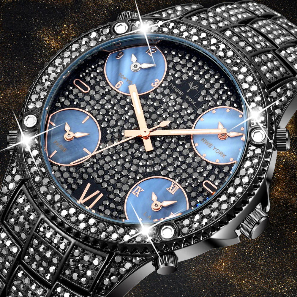 Shimmering Water-Resistant Timepiece Metal Strap Men'S Chrono Luxe Gold Gem Watch