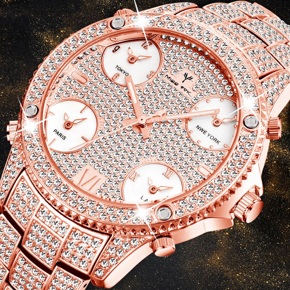 Shimmering Water-Resistant Timepiece Metal Strap Men'S Chrono Luxe Gold Gem Watch