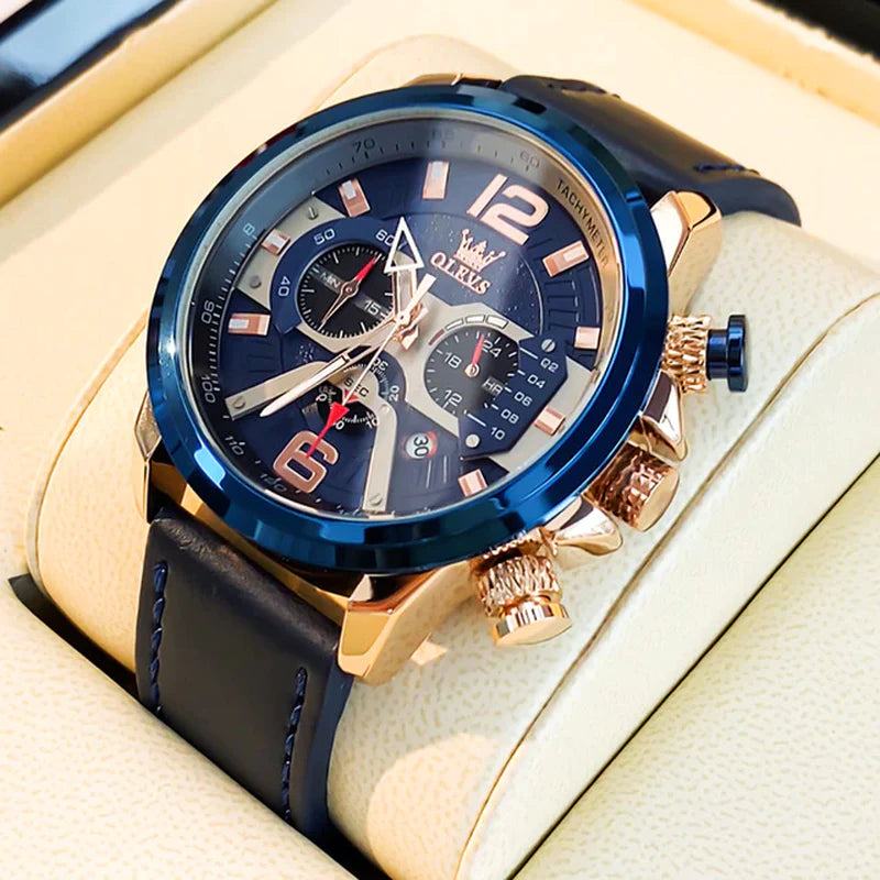 OLEVS Watch for Men Waterproof Luminous Original Leather Strap Fashion Trend Sport Skeleton Men'S Quartz Watch Relogio Masculino