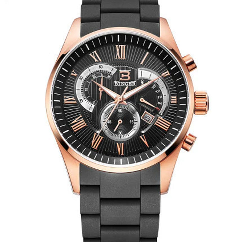 Binger Chrono Sport Quartz Timepiece with Rubber Band Stainless Steel Case Tri-Eye Stopwatch Function Men'S Racing Watch Model 1123