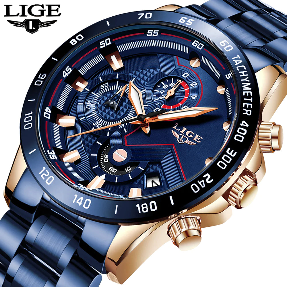 2022 New LIGE Fashion Mens Watches Stainless Steel Top Brand Luxury Sport Chronograph Quartz Withwatch for Men Relogio Masculino