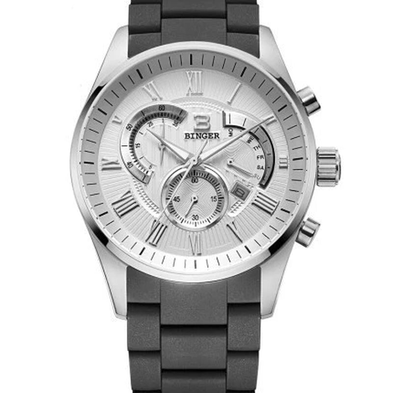 Binger Chrono Sport Quartz Timepiece with Rubber Band Stainless Steel Case Tri-Eye Stopwatch Function Men'S Racing Watch Model 1123